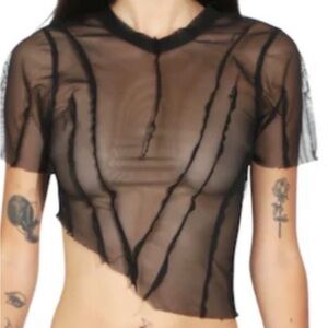 Sami Miro Vintage Black ASYMMETRIC TEE IN BLACK MESH Sheer Mesh Top
